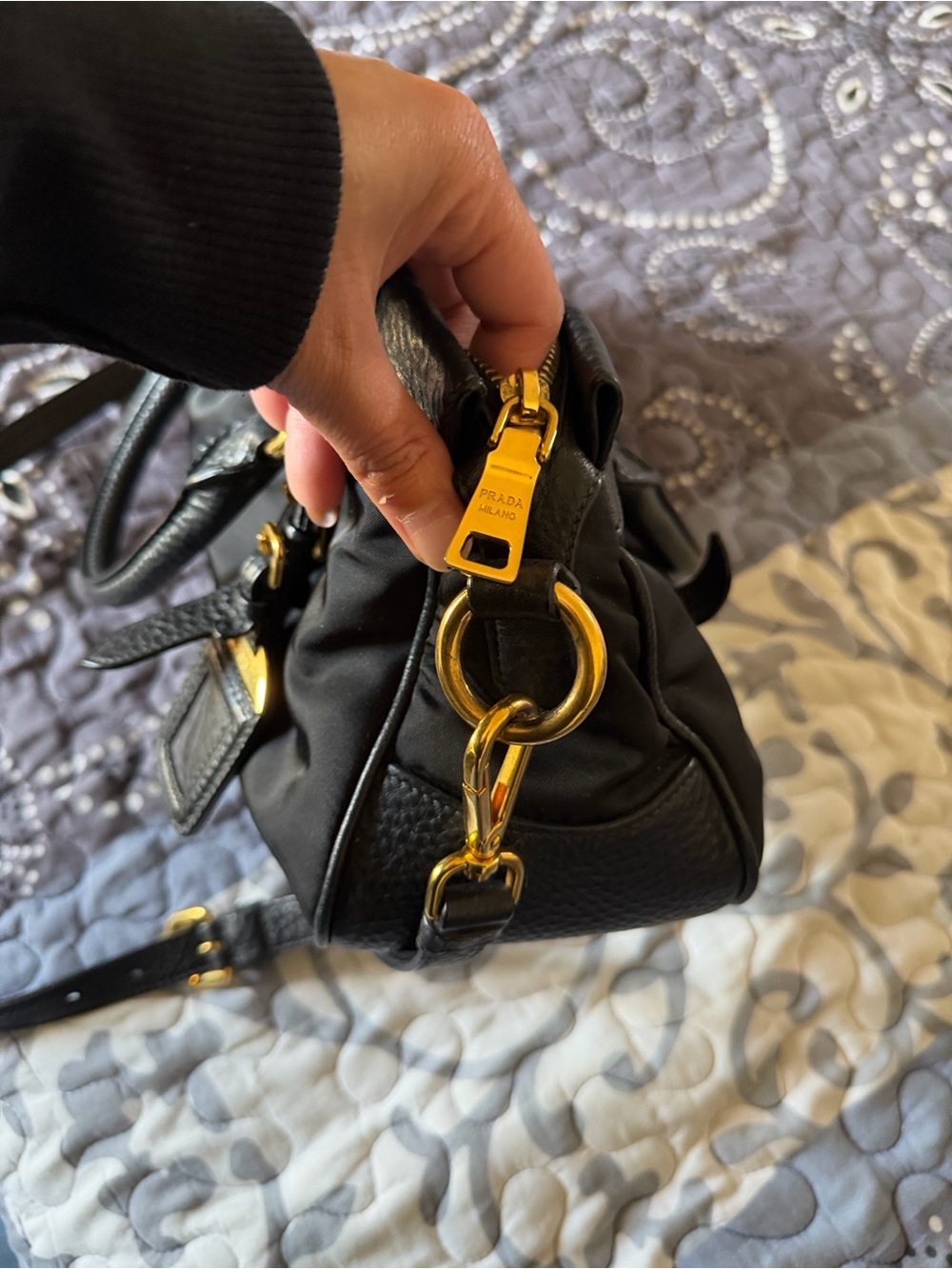 Prada Black Nylon & Leather Satchel with Gold Hardware - Picture 3 of 8